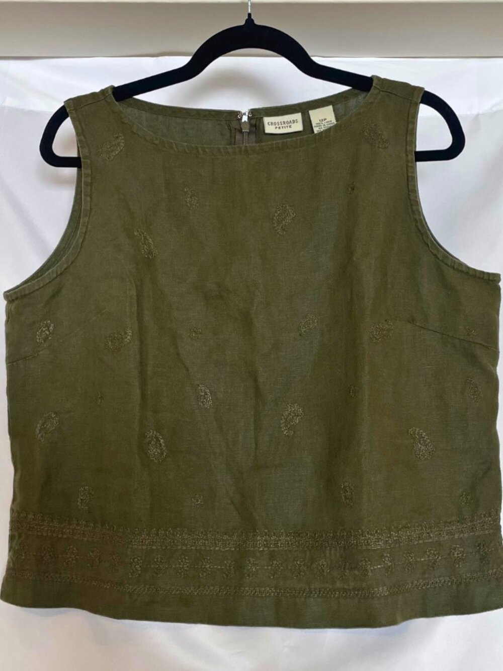 Vintage Crossroads Petite Olive Linen Embroidered Tank Top – Size 12P
